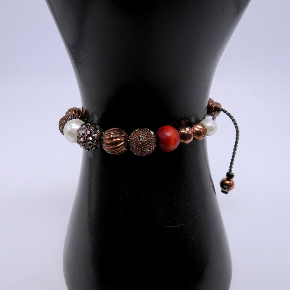 Boho Copper Tone Beaded Bolo Bracelet Red Wood Faux Pearl Crystal Disco Ball